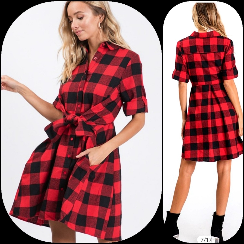 Red and Black Checkered Midi Dress